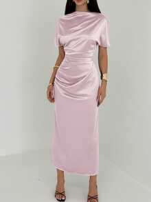 Aloruh Gaun Pesta Wanita Elegan dengan Kerah Berlipat, Warna Polos, Pinggang Berkerut, dan Lengan Kelelawar Panjang - Dusty Pink - View 5