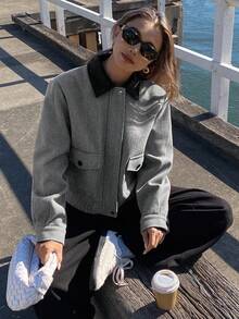 DAZY Women's Herringbone Splice Contrast Collar Woolen Coat Y2k - Black - View 5