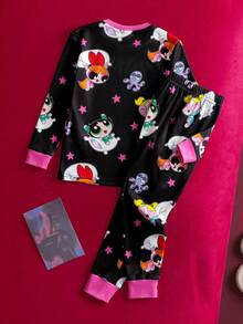THE POWERPUFF GIRLS X SHEIN 两件套少女可爱花朵、泡泡、毛茛图案圆领插肩长袖上衣和打底裤针织休闲睡衣套装 - 黑色 - 查看 3