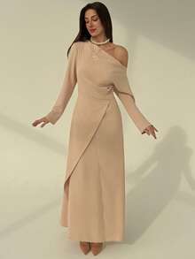 Aloruh Women's Elegant Gathered Waist A-Line Dress With One Shoulder, Minimalist Design For Commuting, Autumn/Winter - Khaki - View 3