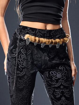 Goth 1 pieza Cinturón de mujer con decoración de calavera de aleación de zinc, estampado de leopardo amarillo con imitación de pelusa