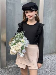 MODELY Mädchen 2-teiliges Set, bequemes geripptes Strickgewebe Rundhals Langarm T-Shirt mit Rüschenbesatz + Bubble Dekor Rock, eleganter britischer Stil Outfit für Frühling/Herbst Alltag & Ferien - Schwarz - Übersicht 5