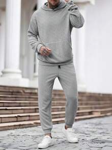 Manfinity Homme Men's Casual Hooded Sweatshirt Set With Pockets Men Co Ord Set Grey Outfit Men Men Sweatsuit Set Men Joggers Suit Knitted Two Piece Outfit Men - Coffee Brown - View 4