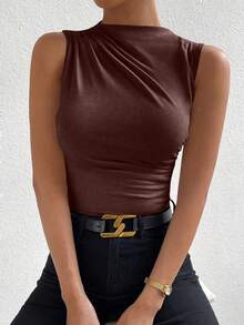 SHEIN PETITE Tank Top Lipit Leher Tinggi Kasual Modis, untuk Wanita Bertubuh Mungil - Coklat - View 7