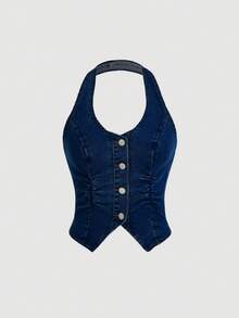 SHEIN ICON Y2K Blue Elastic Fitted Cropped Denim Halter Neck Backless Vest Top