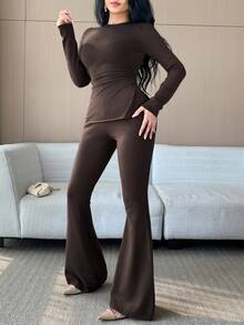DAZY 2件套女士休闲商务优雅棕色圆领修身针织衫和长裤，秋冬季 - 咖啡棕 - 查看 4