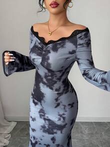 Modelyn Elegant Off Shoulder Ruched Mermaid Hem Dress With Lace Trim, High-End, Flattering, Suitable For Autumn/Winter - Multicolor - View 4