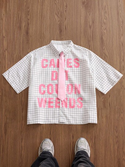 SWAVVY Męska, swobodna, modna koszula w kratę i napisy, luźna, letnia