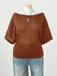 Sweetra Top de Manga Curta Elegante e da Moda Estilo Y2K Escuro para Mulheres Plus Size, Adequada para Uso na Primavera, Verão e Outono, Apropriada para o Dia a Dia - Caramelo - Visão 6