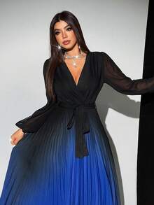 Rafferiza 女式渐变色腰带V领网眼拼布长袖连衣裙 - 彩色 - 查看 8