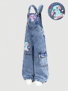 SHEIN 小女孩可爱双色卡通兔子图案蓝色牛仔宽松背带裤 - 淺色水洗藍 - 查看 2