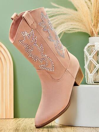 Mini mi Kinderschoenen met blokhak en strass-stiksel van PU-blonde cowboylaarzen – glinsterende strass-decoratie en klassiek instapmodel