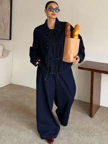 Dazy Plus Bộ đồ denim 2 mảnh cổ điển màu xanh đậm, áo rộng thắt nơ thời trang thường ngày và quần jean dài ống đứng, bộ đồ denim cỡ lớn cho nữ - Rửa tối - Xem 4