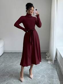 SHEIN Elenzya Vestido de suéter con cuello alto elegante y ajustado, con ribete de contraste, textura acanalada y bajo con volantes, para otoño/invierno - Burdeos - Ver 3