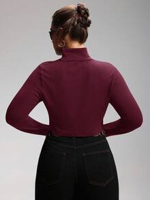 SHEIN EZwear Plus High Neck Thumb Hole Crop Tee Spring Clothes/Winter - Burgundy - View 8