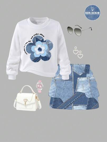 SHEIN Explorewe Conjunto informal y elegante para niña preadolescente con sudadera con estampado floral y eslogan en inglés, talla grande minifalda. Cómodo y versátil para primavera/verano, también adecuado para otoño/invierno, vuelta al colegio, fiestas, actividades al aire libre, regalos