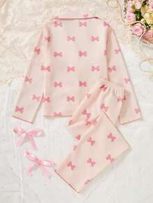 Sparklyn Valentine's Day 2pcs Girls Casual Butterfly Print Long Sleeve Cardigan And Pants Set, Comfortable Home Outfit - Multicolor - View 2