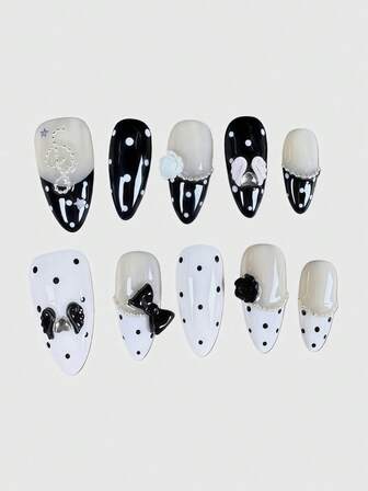 Kawaii Cute Lace Edged Romantic Heart Ballerina Style Bow White Wings Metal Music Note Pink Series Handmade False Nail Tips, Mass Produced Energetic Girl Wear, Suitable For Daily Outings And Dates