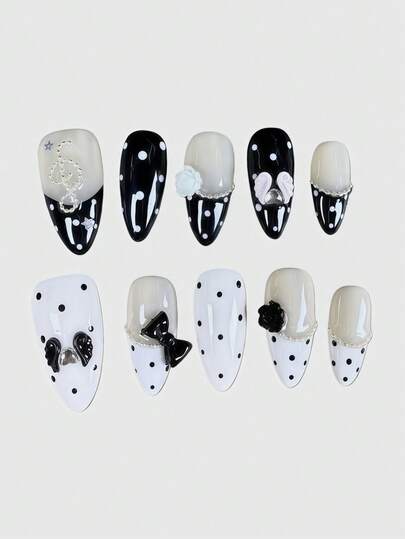 Kawaii Cute Lace Edged Romantic Heart Ballerina Style Bow White Wings Metal Music Note Pink Series Handmade False Nail Tips, Mass Produced Energetic Girl Wear, Suitable For Daily Outings And Dates