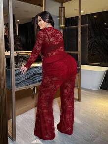 NU&NOW Conjunto de 2 piezas de top de manga larga y pantalones con adorno de encaje, talla grande y sexy - Rojo - Ver 6