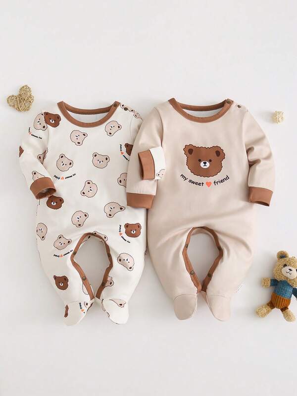 Newborn Baby Pajamas-2 Pieces Pajama Romper Bear Print Neutral Beige White Brown Trim Round Neck Long Sleeve Footed One Piece Snap Closures Shoulder And Crotch Soft Four Seasons Holiday 2026 Essential Nursery Gift Comfortable Everyday Sleepwear