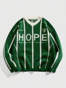 ROMWE MEN Prep 男士V领学院风足球针织毛衣，冬季款 - 綠色 - 查看 3