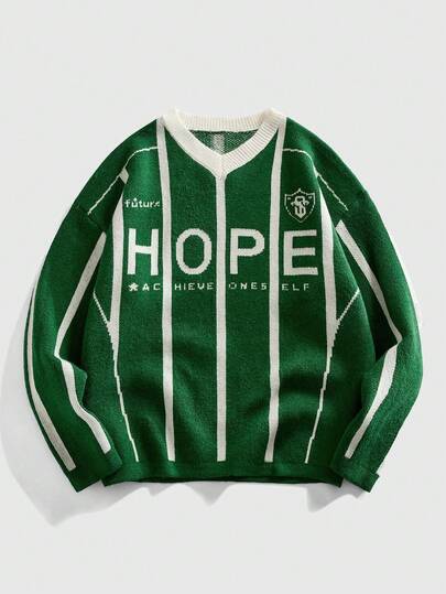 ROMWE MEN Men's V-Neck Soccer Inspired Knit Sweater