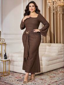 Modelyn Autumn/Winter Asymmetric Collar Butterfly Decor Button Sexy Cold-Shoulder Elegant Long Sleeve Plus Size Dress, Brown - Brown - View 8