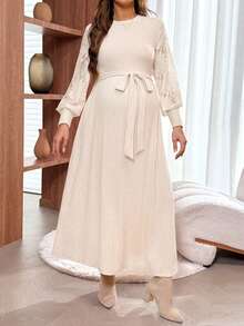 SHEIN Maternity Elegant Solid Color Round Neck Loose Dress, Autumn - Khaki - View 5