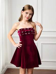 SHEIN 青少年女孩休闲日常外出串珠天鹅绒腰部收紧吊带裙，适合生日派对、红色连衣裙、圣诞节、新年 - 酒紅色 - 查看 4