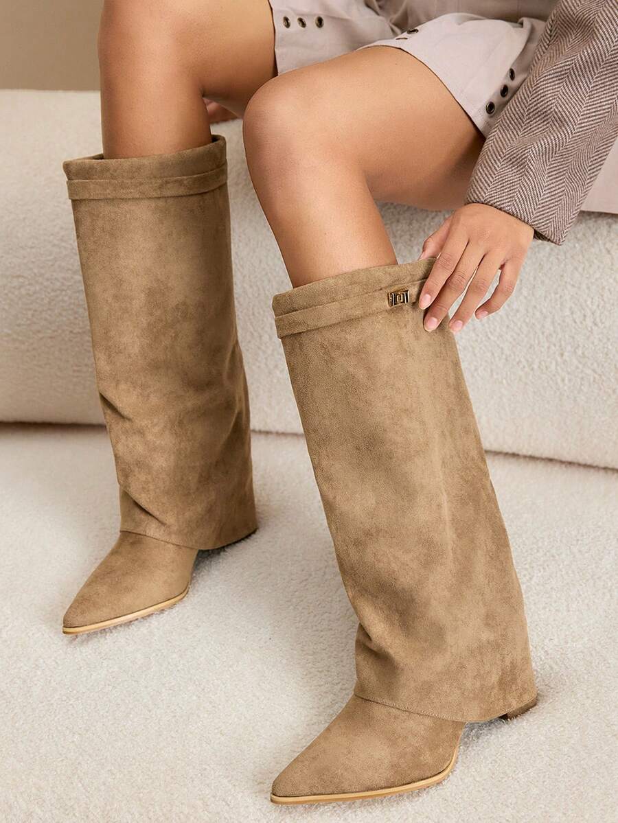 Daringsoles Women's Pointed Toe Chunky Heel Suede Western Boots, Slim Fit Tall Boots For Christmas - Apricot - View 1