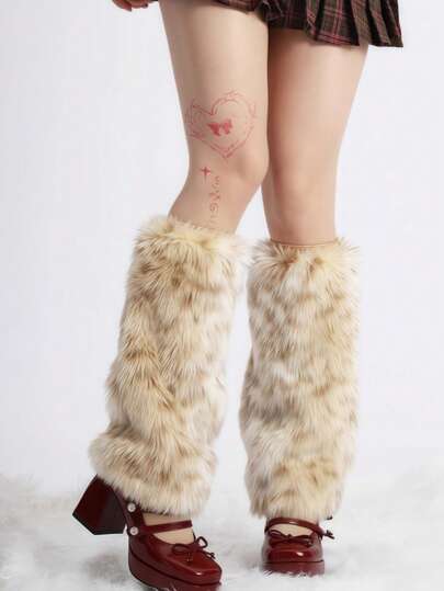 Fairycore 1 Pair Y2K Chic Leopard Print Fluffy Leg Warmers, Brown, Fashion Minimalist Wild Style Leg Cuffs, Suitable For Commuting, School, Shopping, Party, Halloween, Christmas And Other Occasions