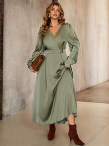 Roveilla Đầm dài tay chữ A cổ chữ V phối ren satin, eo thắt khóa kim loại, thanh lịch, lãng mạn, phù hợp mặc đi làm, thường ngày, phong cách đường phố, nơi làm việc, mùa thu/đông - xanh quân đội - Xem 4