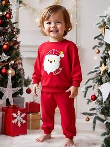 Cozy Pixies 2pcs/Set Baby Boy/Girl Cartoon Santa Claus Pattern Knit Soft Crew Neck Long Sleeve Sweatshirt And Elastic Waist Ankle Cuff Pants, Comfortable Versatile Fashionable Casual Basic Style, Suitable For Indoor, Outdoor Skiing, Daily Wear, Sports, Play, Party, Festival, Halloween, Christmas, New Year