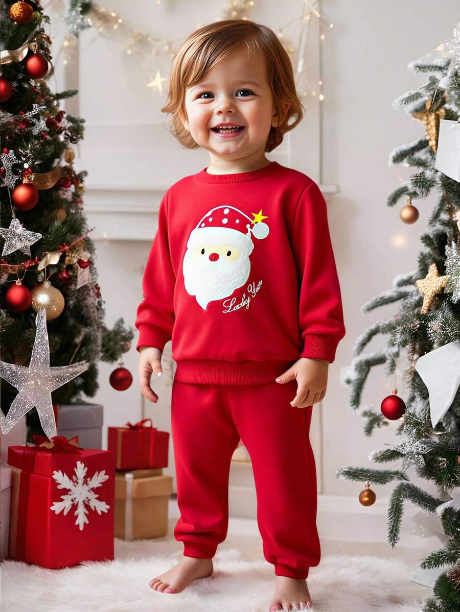 Cozy Pixies 2pcs/Set Baby Boy/Girl Cartoon Santa Claus Pattern Knit Soft Crew Neck Long Sleeve Sweatshirt And Elastic Waist Ankle Cuff Pants, Comfortable Versatile Fashionable Casual Basic Style, Suitable For Indoor, Outdoor Skiing, Daily Wear, Sports, Play, Party, Festival, Halloween, Christmas, New Year