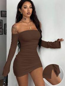 Coolane 女士白色针织修身露肩连衣裙 - 棕色 - 查看 3