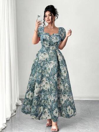 Elenzga 大码女式优雅复古花卉提花方领束腰长裙，适合返校、毕业、情人节、圣诞节、音乐节、母亲节、万圣节、感恩节、复活节、国庆节、舞会、约会派对、婚礼季、户外旅行