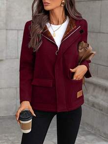 SHEIN LUNE 女士纯色保暖连帽衫，带口袋，常规版型，休闲日常外套，秋冬款 - 紅色 - 查看 4