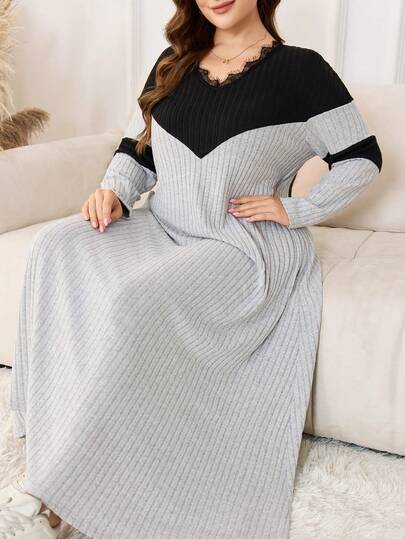 Lacomfia Plus Size Women V-Neck Fuzzy Contrast Color Knit Long Sleeve Eyelash Trim Casual Elegant Fashion Dress