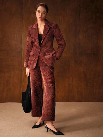 MOTF PREMIUM WOMEN'S BURGUNDY FLORAL JACQUARD SINGLE BUTTON CINCHED WAIST ELEGANT BLAZER