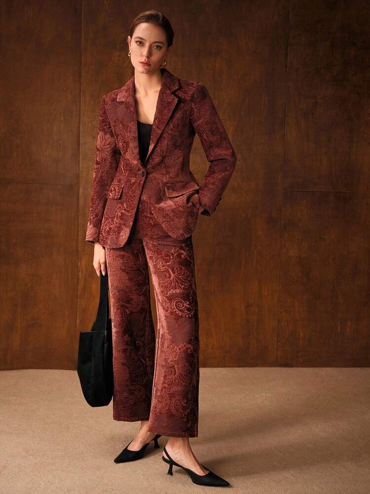 BLAZER ÉLÉGANT POUR FEMMES EN JACQUARD FLORAL BORDEAUX À TAILLE CINTRÉE ET BOUTON UNIQUE