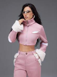 Almamuse Chaqueta corta de mujer de unicolor, de manga larga, con cuello alto y cremallera, adecuada para fiestas, otoño/invierno