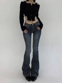 DAZY 女士修身低腰喇叭长款牛仔裤 低腰牛仔裤 - 灰色 - 查看 6