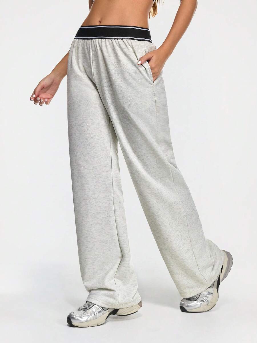 Eassivo Eassivo 女士撞色腰带口袋阔腿宽松运动裤 - 淺灰色 - 查看 1