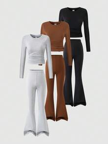 SHEIN 3pcs Tween Girls Casual All-Match Versatile Homewear Daily Wear Round Neck Short Sleeve Top + Tight Flare Pants Knit Set, Autumn/Winter - Multicolor - View 3