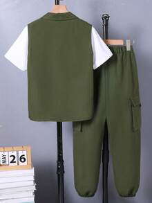 SHEIN Vacaura 3 件套青少年男孩休闲装：领背心、短袖 T 恤和口袋工装裤，春夏 - 軍綠色 - 查看 2