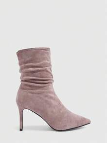 CUCCOO SZL 女士尖头褶皱时尚日常穿搭中筒高跟靴 - 藕粉色 - 查看 3