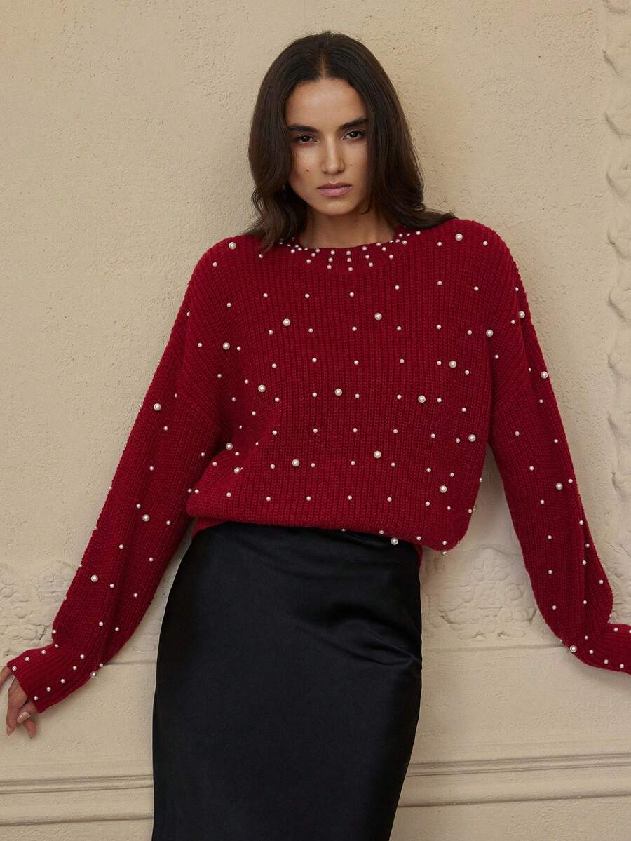 BELROSIE Beaded Lantern Sleeve Pullover Sweater - Red - View 1