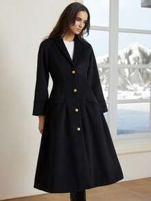 GENKIRA French Elegant High-End Apple Collar Cinched Waist Comfortable A-Line Long Overcoat For Women - Black - View 3