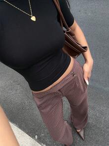 Sunnyshic Quần ống loe cạp thấp kẻ sọc màu nâu dành cho nữ, đa năng, phù hợp cho công sở, thời trang thường ngày và đi làm. - Cà phê nâu - Xem 7
